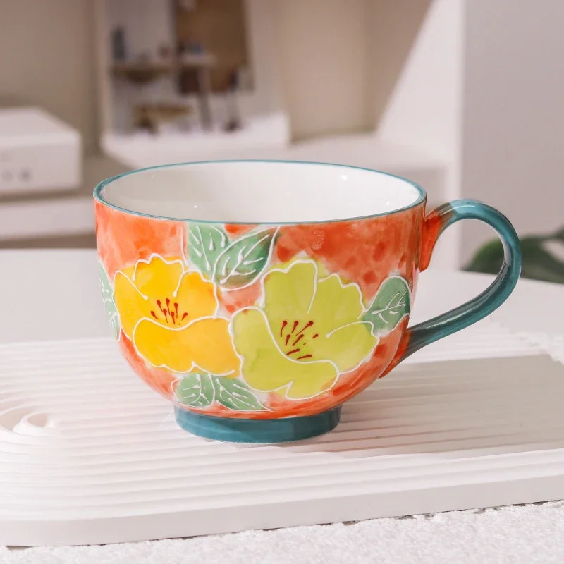 Tasse en céramique de 500ml, bol de petit déjeuner glyptique fait à la main, tasse d'eau de grande capacité pour le bureau, tasse à café en porcelaine pour le thé de l'après-midi: Rouge