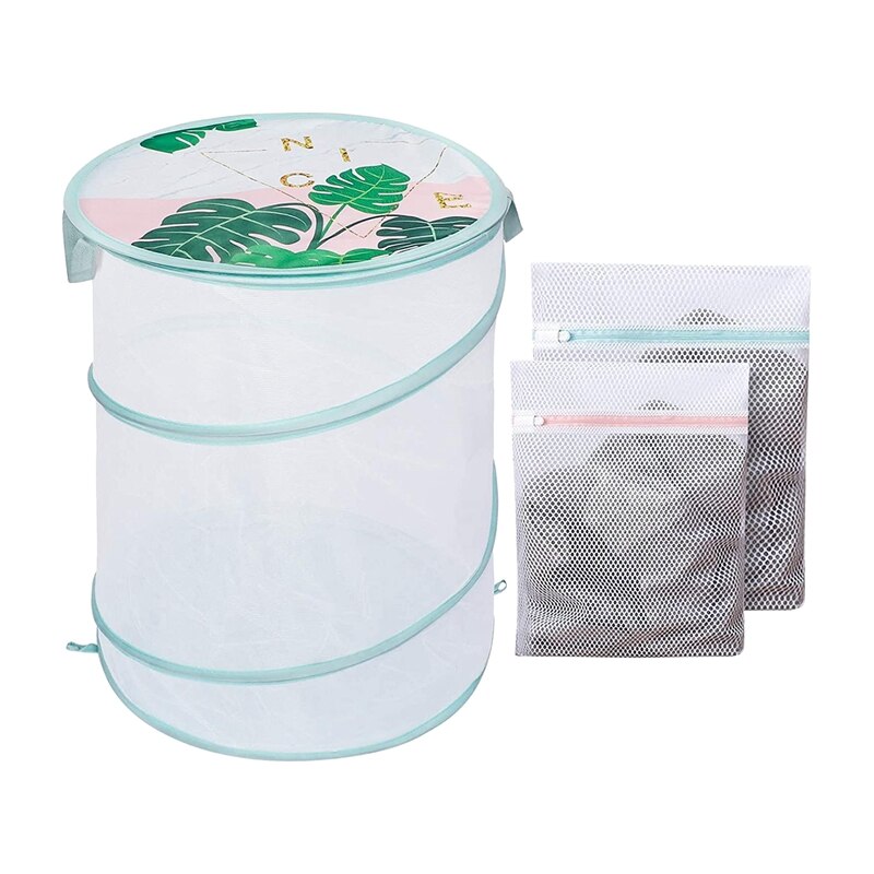 Mesh Collapsible Laundry Basket with Lid,Dirty Hamper with 2 Mesh Laundry Bags,Portable,for Bedroom,Bathroom: green