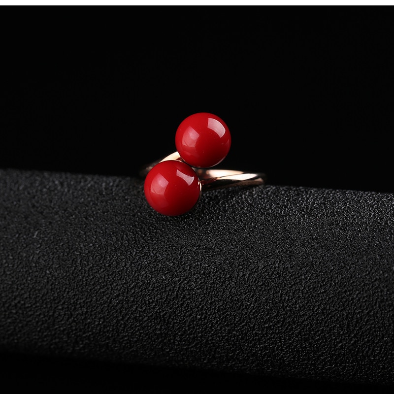 KCALOE Adjustable Ring Cute Double Ball Red Artificial Coral Rings For Women Open Rose Gold Ring Anelli Donna Bagues Pour Femme