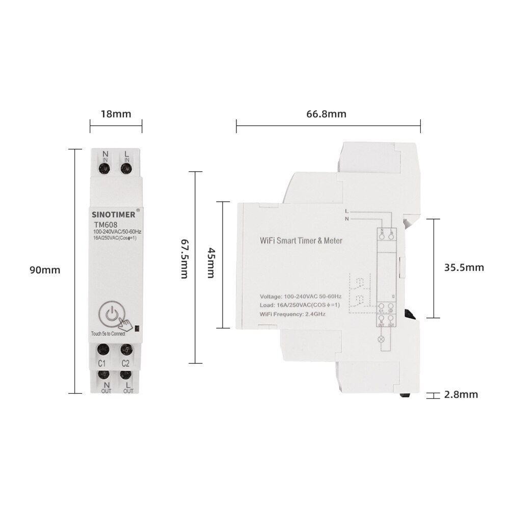 Tm608 smart wifi energimätare enfas energimätare mobiltelefonapp din järnvägstestare 16a 100-240v elmätare