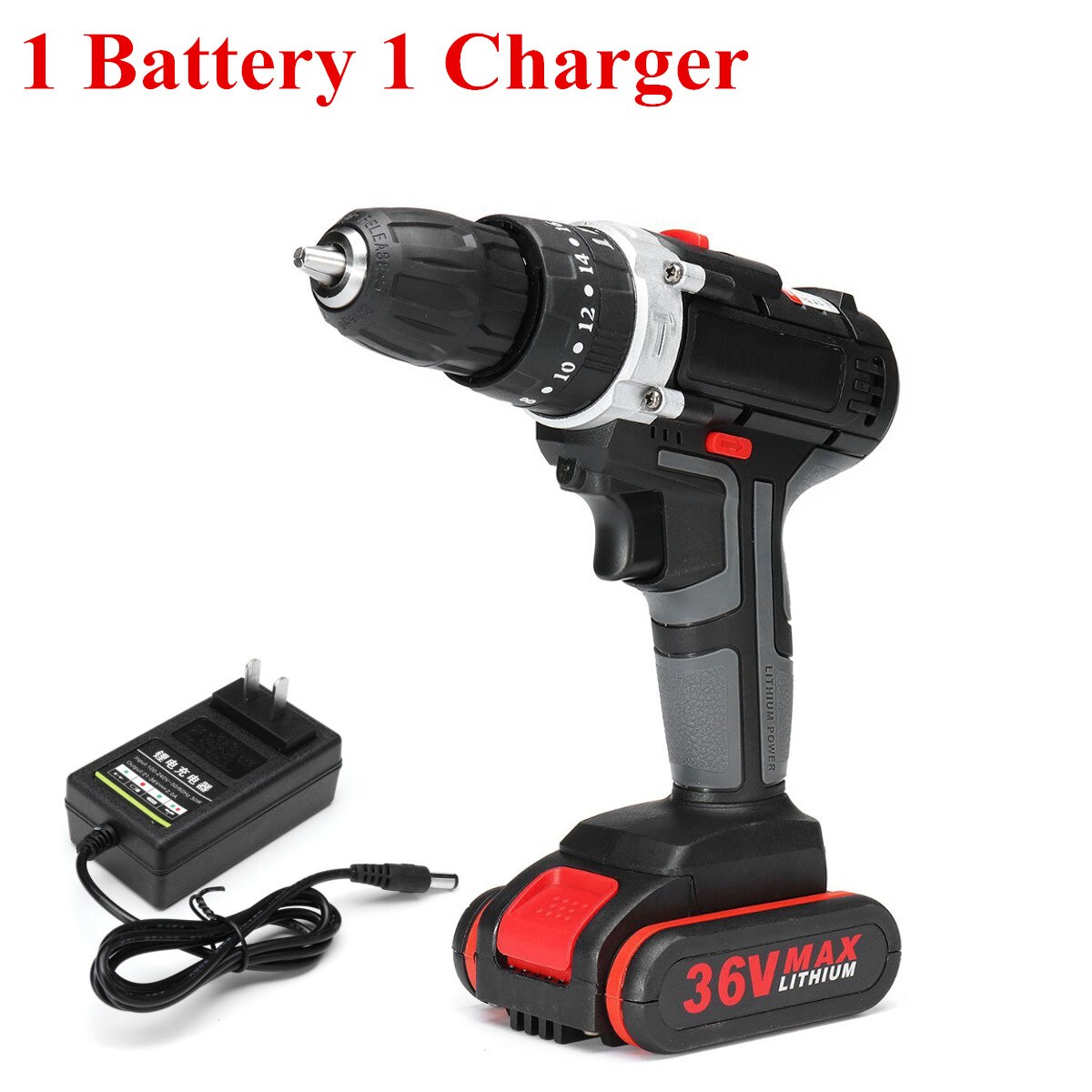 25+3 Torque 36V Cordless Electric Impact Drill Li-ion Battery Screwdriver LED Working Light DIY Home Hand Flat Drill Power Tools: 1 Battery 1 Charger
