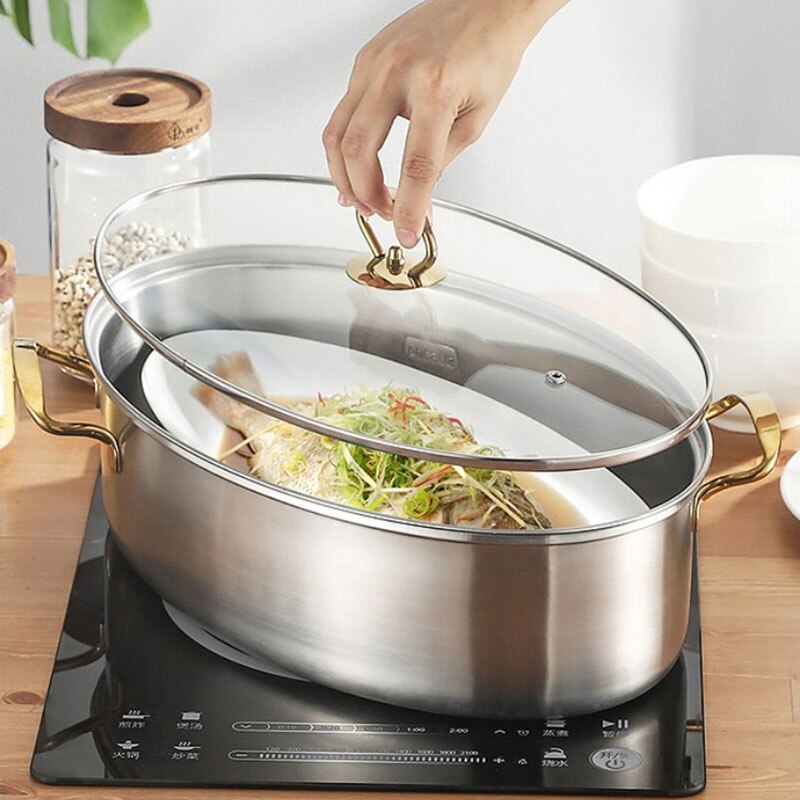 Stainless Steel Fish Steamer Multi-purpose Oval Roasting Cookware Thickened Steamed Fish Pot Glass Lid Steaming Pot Cookware