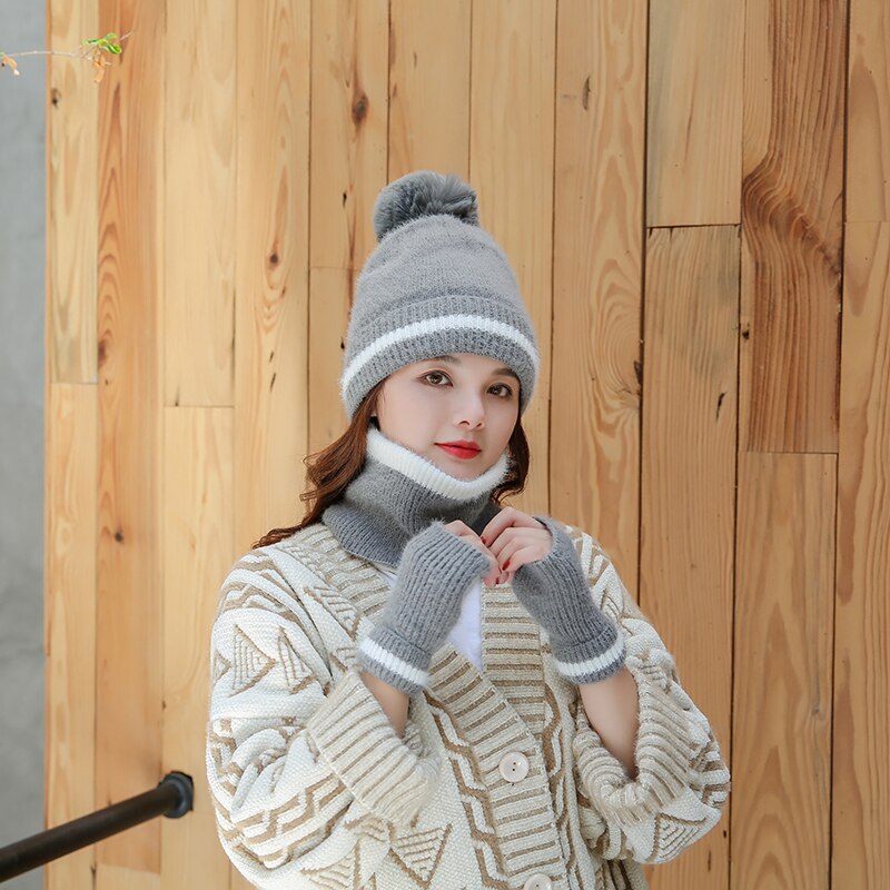 Ensemble de 3 pièces écharpe, chapeau, gants, ensemble chaud d'hiver, bonnet, écharpes, accessoires d'hiver pour femmes: Gris