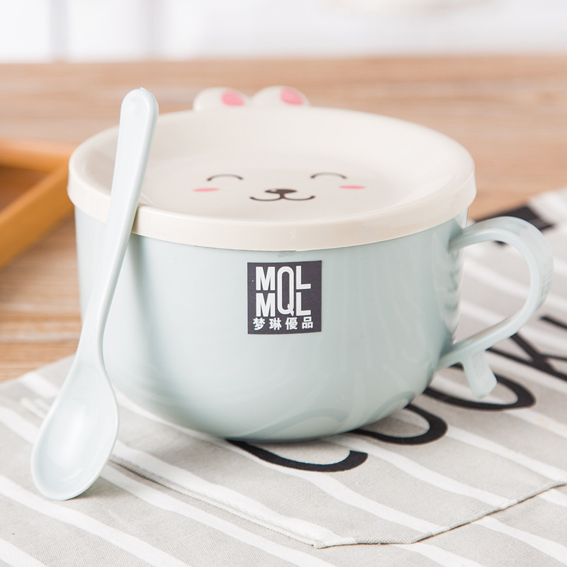 Stainless Steel Double Layer with Lid and Spoon Bowl Set Noodle Bowl Instant Noodle Bowl Anti-scalding Cute Rabbit Cutlery Set: Pink