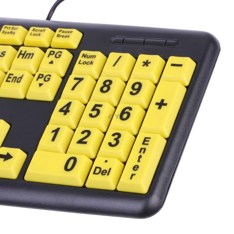 Clavier filaire USB avec gros caractères noirs et boutons jaunes, pour personnes âgées et faible Vision