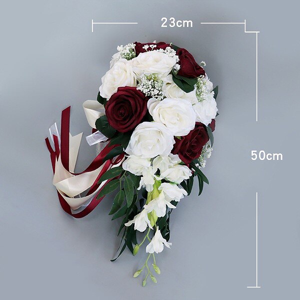 cascada Borgoña ramo blanco Artificial púrpura Ramos de flor Rosa boda accesorio para novia con flores: White with Burgundy