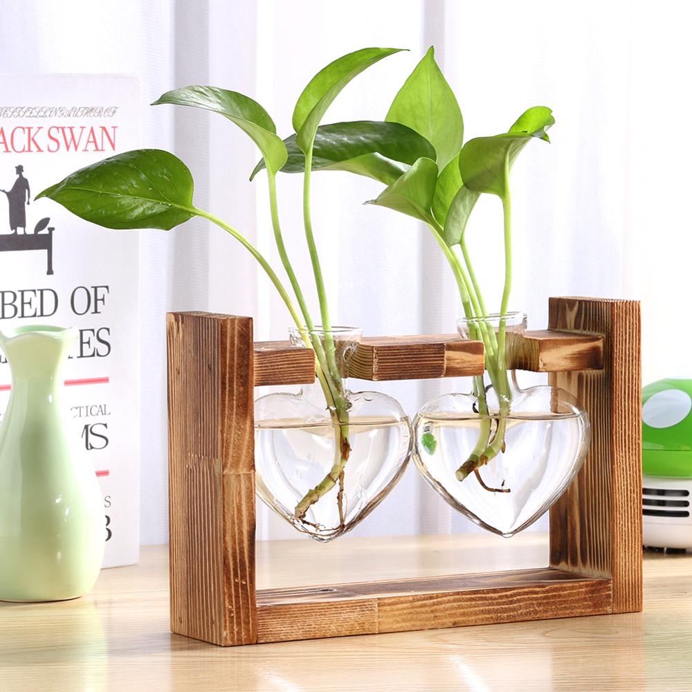 Glas og træ vase plante terrarium bord desktop hydroponics plante bonsai urtepotte hængende potter med træbakke boligindretning: Type 11