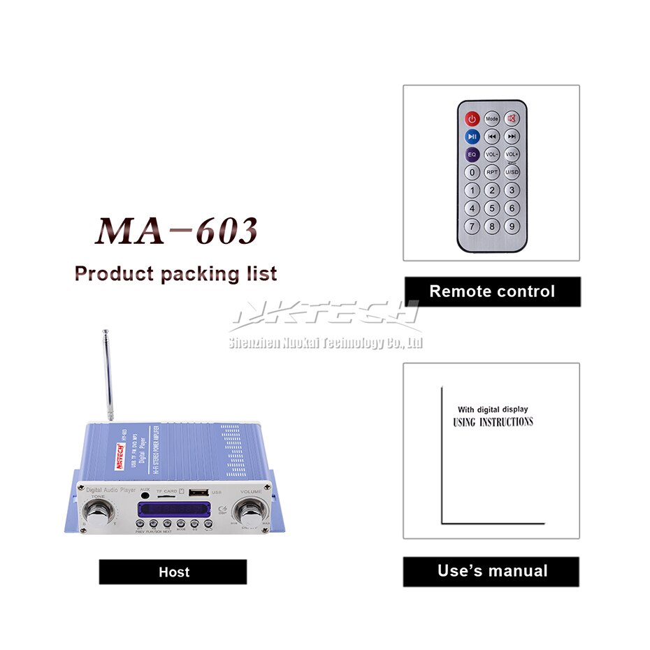 NKTECH HY-603 Car Digital Player Audio Power Amplifier MINI DIY 2CH 20W RMS HiFi Stereo AUX TF USB FM DVD MP3 Remote Controller