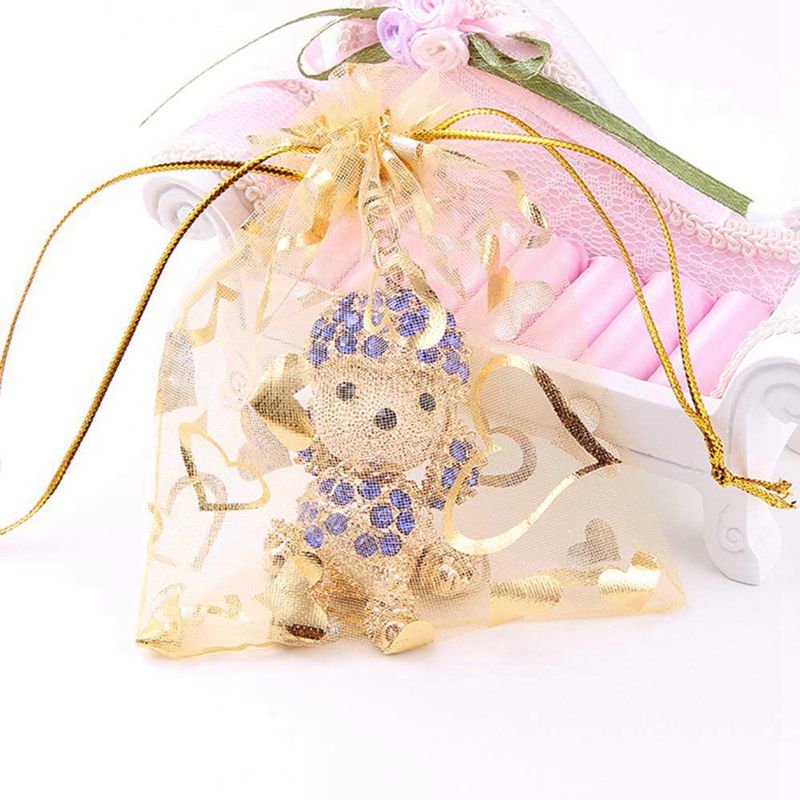 100Pcs 9X12 Cm Sheer Trekkoord Hart Organza Sieraden Pouches Wedding Party Kerst Favor Bags (Goud)