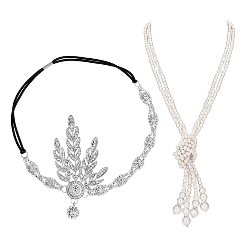 Great Gatsby Accessories Set for Women 1920s Flapper Pearl Necklace Headband Leaf Headpiece Party Costume Jewelry: silver P125