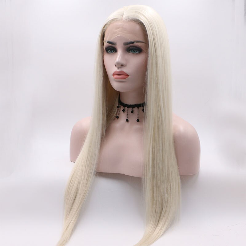 Bombshell White Color Straight Synthetic Hair Lace Front Wig Glueless Heat Resistant Fiber Hair Middle Parting For Women Wigs