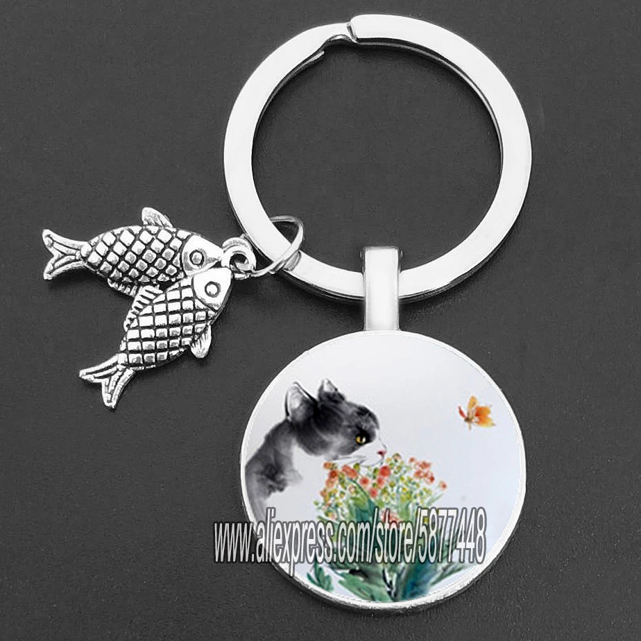 Ondeugende kat en vis glazen hanger sleutelhanger schattige kat die wil vis eten sleutelhangers voor vrouwen en schattig meisje: GRIJS