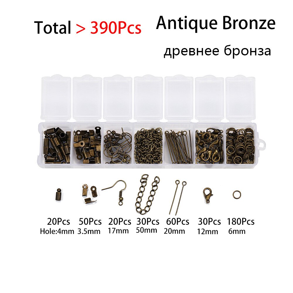 390PCS/Set Earrings Hook Jump Ring Eye Headpins Lobster Clasp DIY For Necklace Chain Jewelry Making kits Finding Supplies sets: Antique Bronze