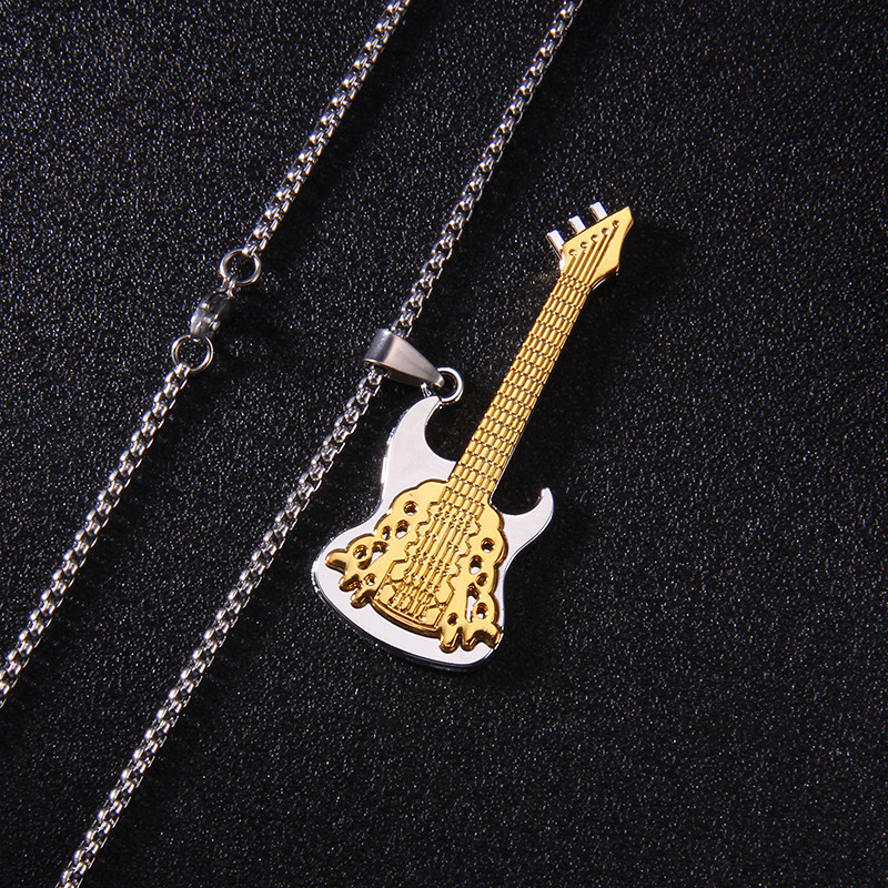 Stainless steel guitar pendant necklace men's trendy punk titanium steel sweater chain accessory jewelry