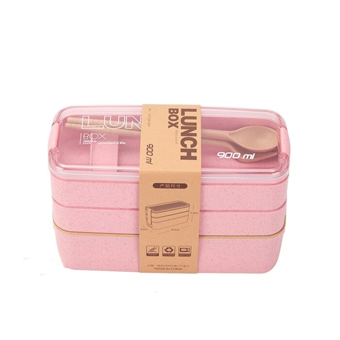 201-300ml/900ml Healthy Material Lunch Box 3 Layer Wheat Straw Bento Boxes Microwave Dinnerware Food Storage Container Lunchbox: Pink 900ML