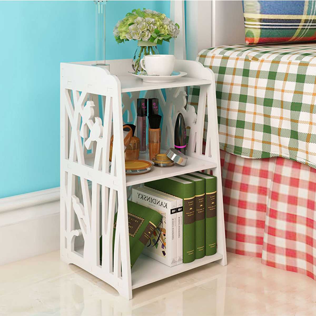 Home White Bedside Table Shelf Rack Hollow Carved Modern Simple Cabinet Nightstand Storage Organizer Living Room Bedroom