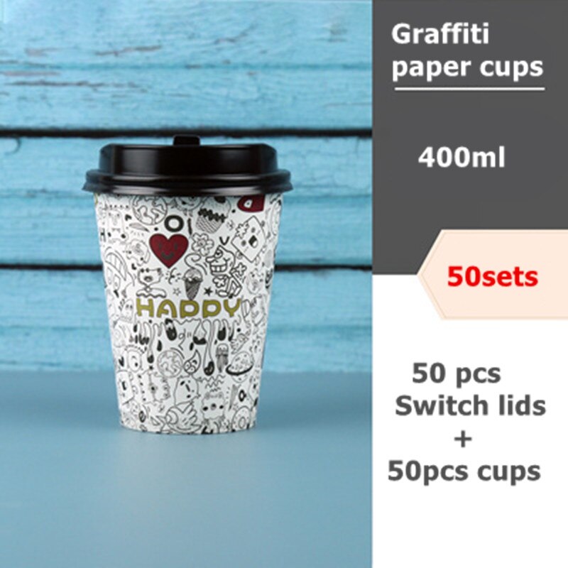 50pcs Paper Cups Disposable Coffee Tea Milk Graffiti Cup Party Supplies Disposable Cups Paper Cups for Coffee With Switch lids: cups with black lids