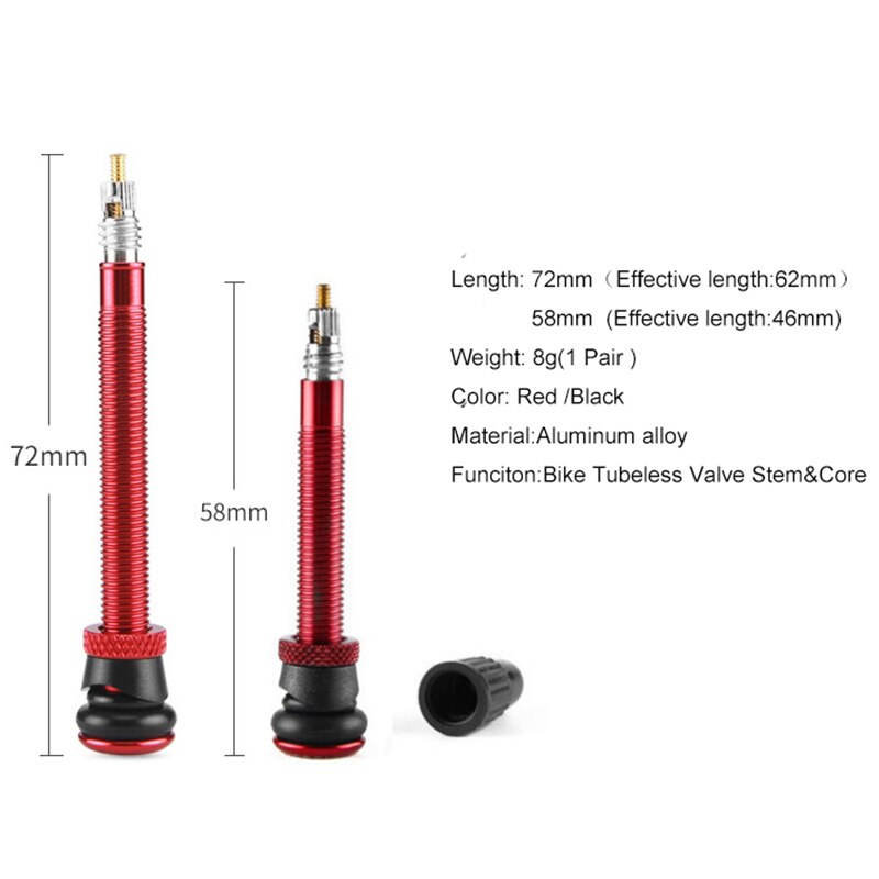 1 paio Di Tubeless Stelo Della Valvola e Core Per La Bici Della Bicicletta Tubeless Presta Valve Stem 58 millimetri/72 millimetri in Lega di alluminio Senza Tubi Valvola Rosso/Nero