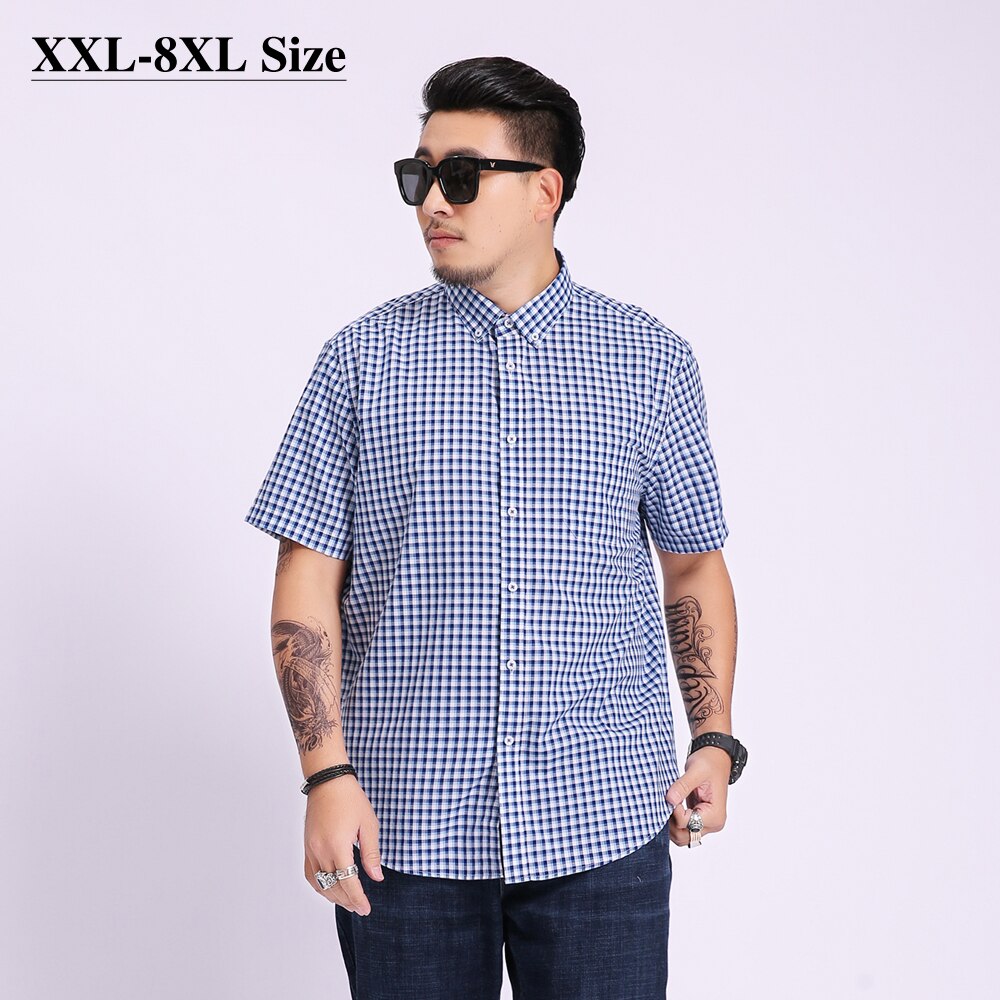 100% de algodón para hombre, camisa de manga corta, 8XL, 7XL, 7XL, de talla grande, informal, holgada, a cuadros, para trabajo de negocios, ropa de