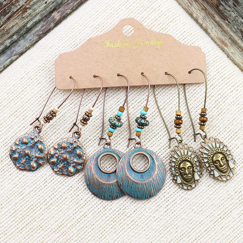 Boho Geometry Round Circle Alloy Earrings for Woman Indian Ethnic Leaf Long Hanging Earrings Set Jewelry Accessories