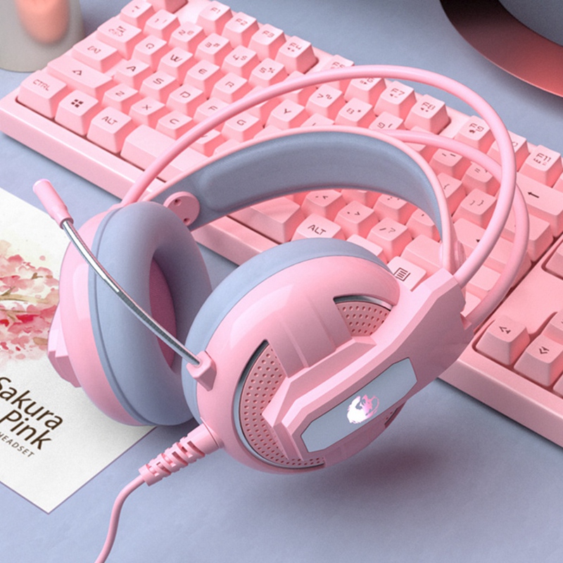 Pink Girl Heart Cute Backlit Gaming Keyboard and Mouse Set Wired Keyboard with Wired Gaming Headset Mechanical Feel