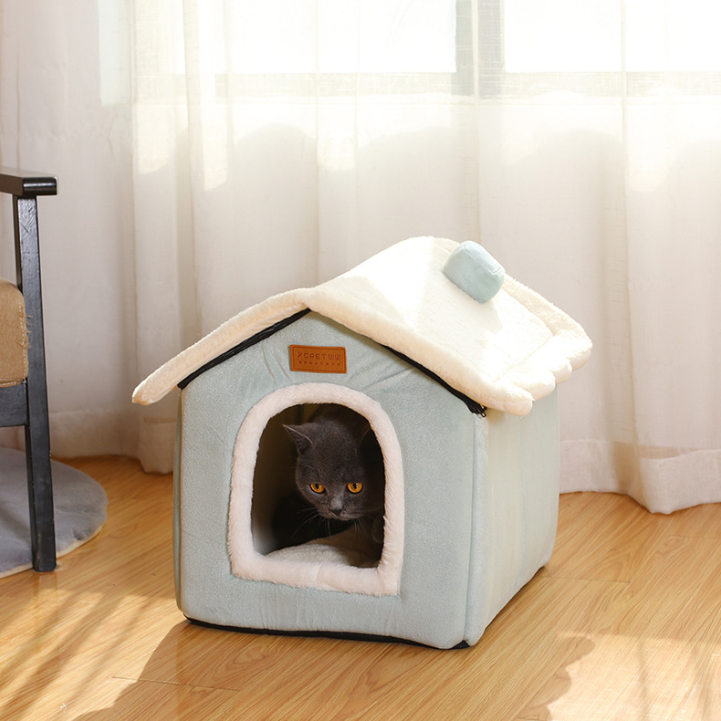 Maison de chat amovible avec tapis de dessin animé, maison de chien, , confortable, lit grotte de luxe, fournitures pour animaux de compagnie: Bleu / 52cmX43cmX50cm