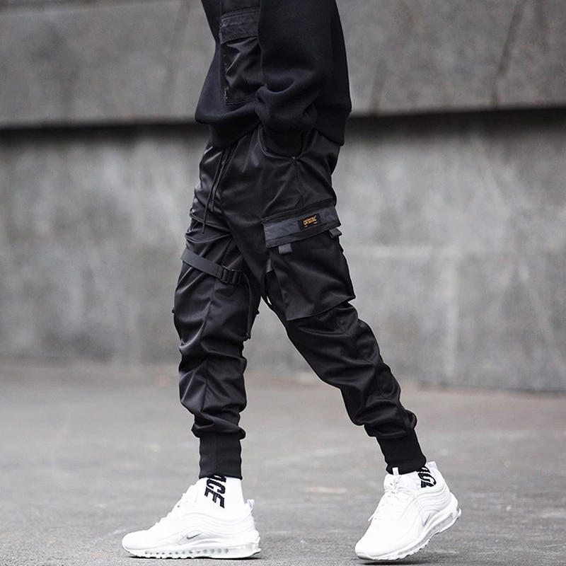Syksy miehet nauhat värilohko musta tasku cargo housut haaremi lenkkeilijät harajuku verkkarit hip hop housut lbz 123