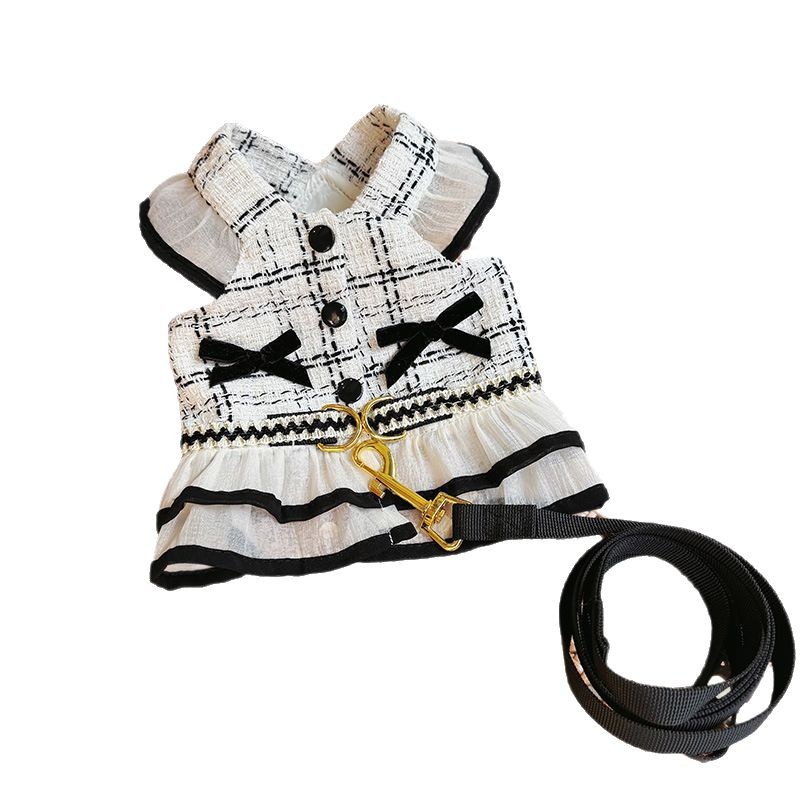 Spring/Summer Pet Checkered Strap Skirt Cute Dress Dog/Cat Clothing Style Traction Set with Traction Rope Dog Harness Puppy