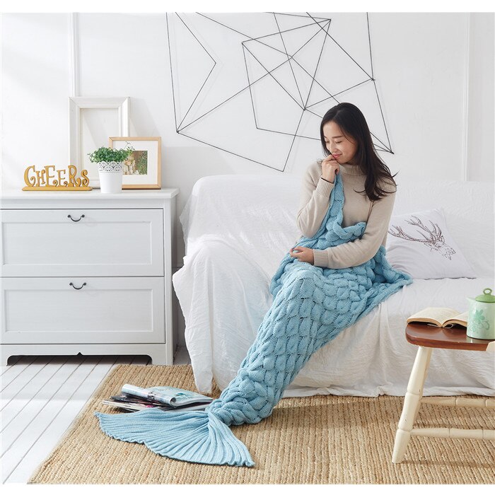 JDDTON Mermaid Tail Blanket Adult Knitted Soft Comfort Colorful Blankets Home Picnic Warm Crochet Handmade Sleeping Bag BE147: Sky Blue / 60x140cm