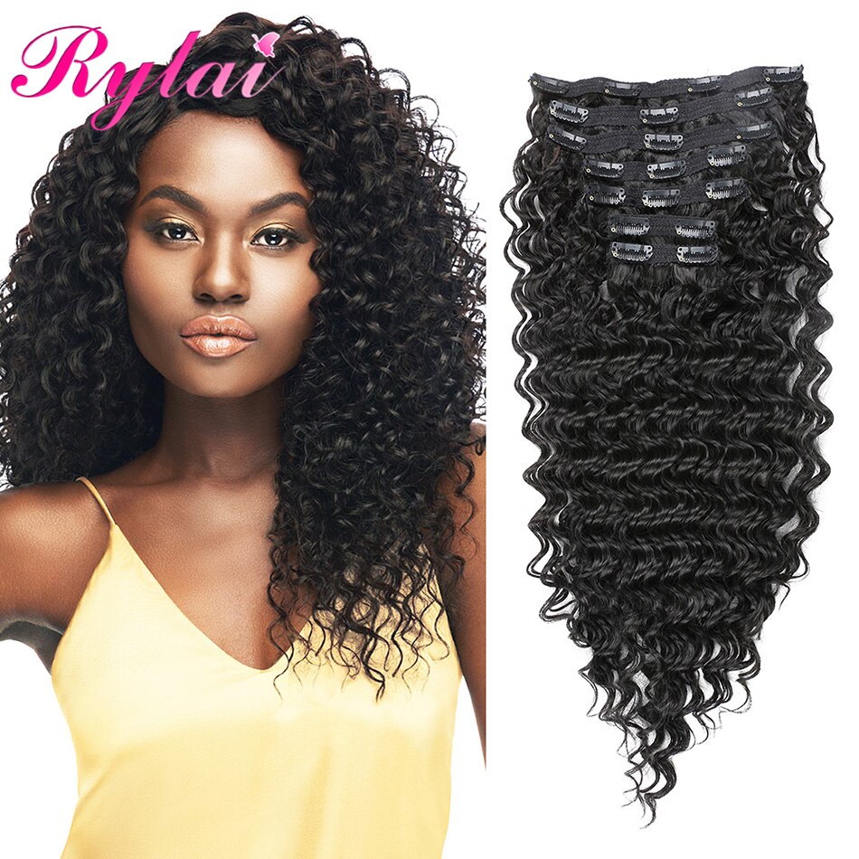 Wave Curly Synthtic Deep Wave Hair Extensions For Women Full Heat Clip Ins Wave Hair Extension Hairpiece By RYLAI: #1B