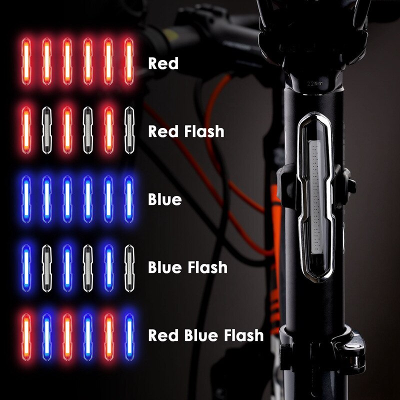 Cykel baglys ultra lyst cykel lys usb genopladeligt led cykel baglys 5 lys mode forlygter med rød + blå