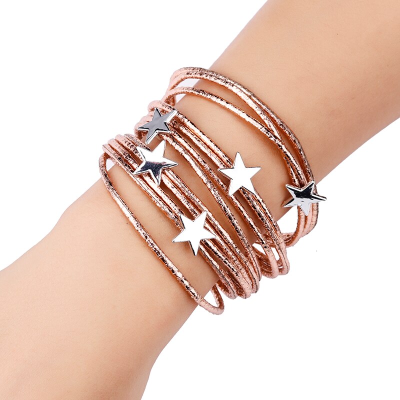 ALLYES Bohemian Leather Bracelets For Women Pentagram Metal Charm Boho Multilayer Wrap Bracelet Femme Jewelry