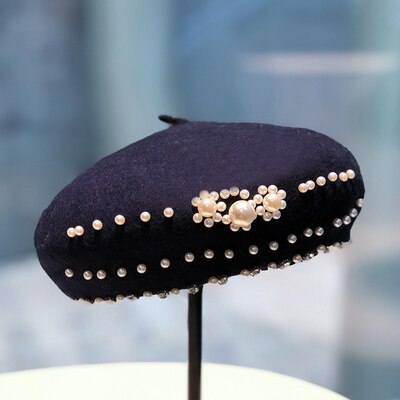 Béret noir rétro britannique pour femmes, automne et hiver, couleur pure, chapeau de peintre de perles en laine, chapeau de citrouille japonais à strass: Navy blue