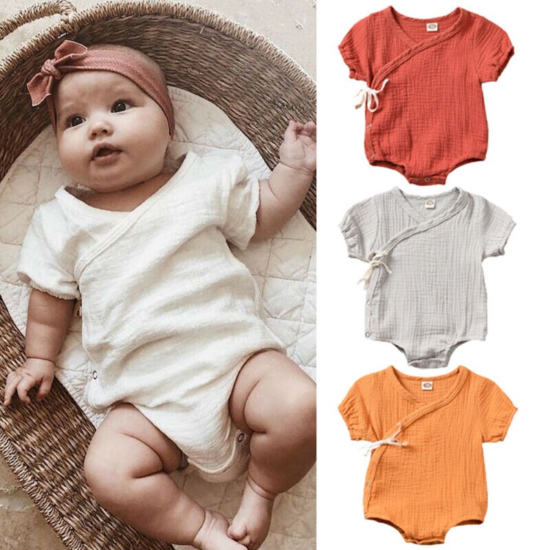 Barboteuse unie à manches courtes pour -né garçon et fille, combinaison en coton à lacets, tenue de soleil, vêtements, 4 couleurs, 0-18M