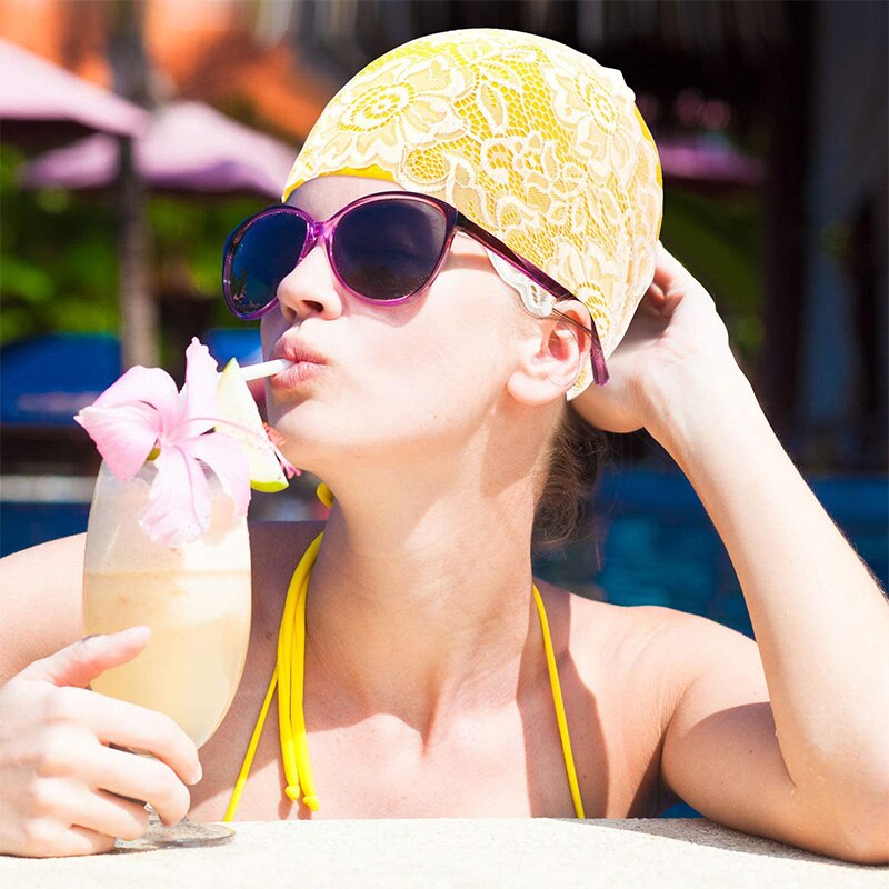Czepek damski PU wodoodporny koronkowy kwiat sportowy surfing czepek na basen elastyczne czepki kąpielowe robić noszenia jako długie lub krótkie włosy