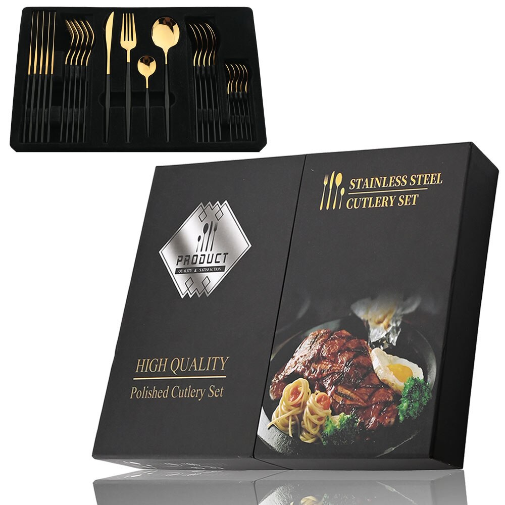 Juego de cubiertos dorados con mango negro, 24 Uds., cuchillo de acero inoxidable, tenedor, cuchara, vajilla, juego de cubiertos, vajilla de cocina para Festival,