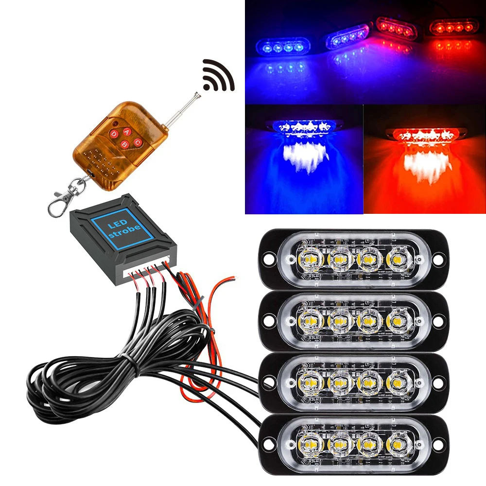 16 LED Wireless Car Emergency Lights Auto Police Strobe Light Blue Red Amber Warning Flashing Lamp 12/24V for Trailer Truck: Blue