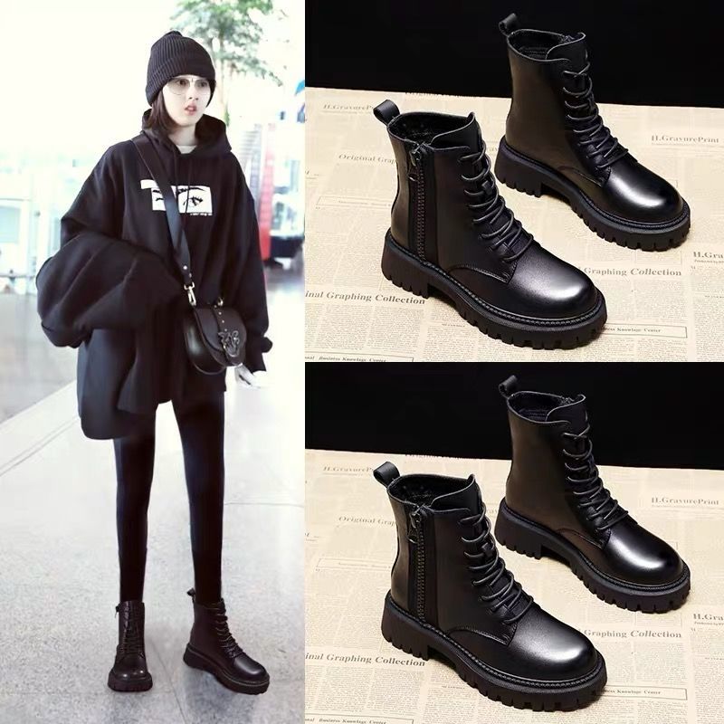 Bottes martin à semelles épaisses pour femme, chaussures courtes de Style britannique, en coton et velours, hiver