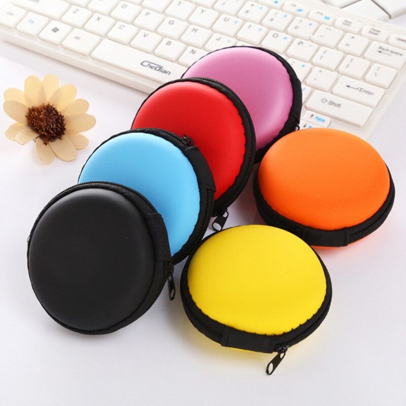 Ronde Draagbare Oordopjes Doos Mini Rits Hard Headphone Case PU Leer Oortelefoon Case Opbergtas Beschermende USB Kabel Organizer: random