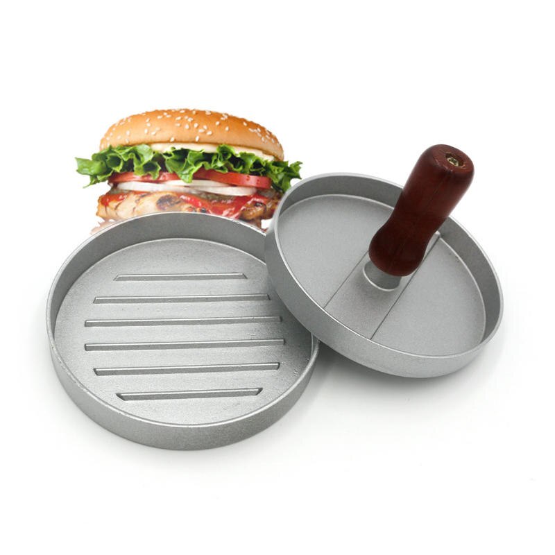Holdbar aluminium non-stick mini burger presser træhåndtag kød oksekød bøffer maker skimmel køkken grillværktøj