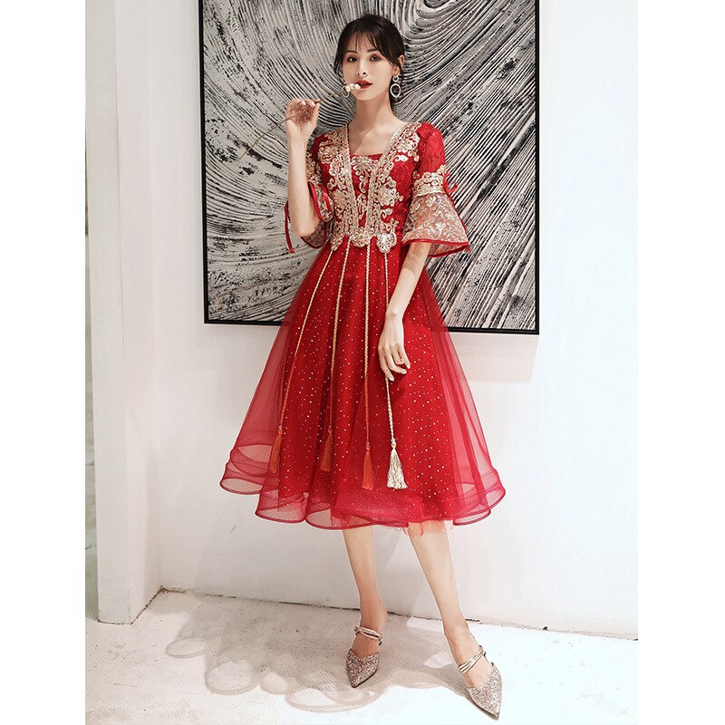 Vintage vermelho nupcial bordado querida rendas até vestidos de noite estilo chinês vestido de casamento das mulheres orientais qipao