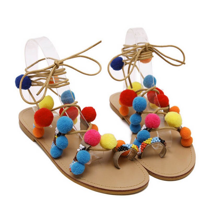 Sandalias planas con pompón de flores de colores para mujer, sandalias romanas de Gladiador, Chanclas de Tanga de encaje alto, zapatos de verano, E46: 8