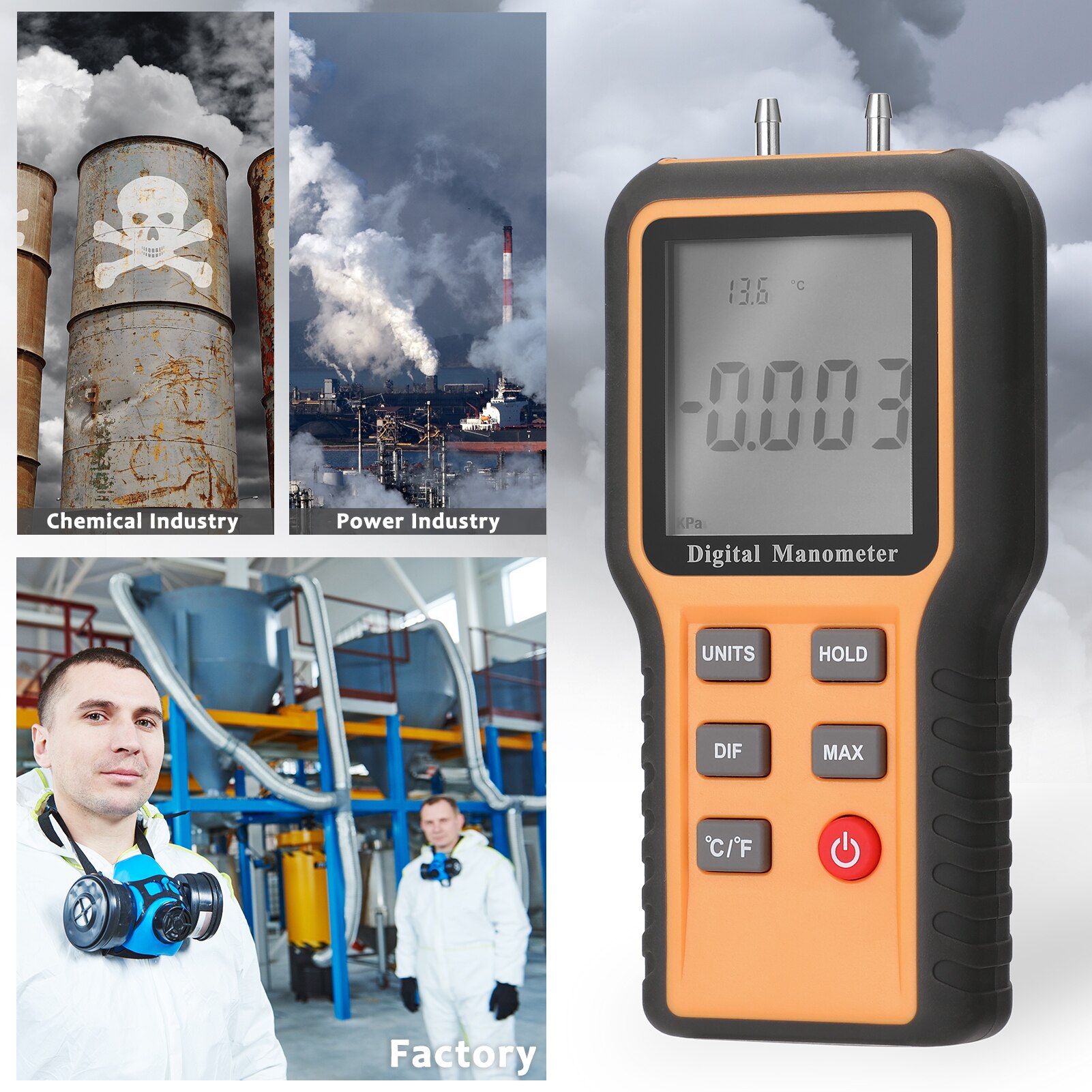 Digital Manometer LCD Display ℃ ℉ Switchable 12 Pressure Units Temperature Measurement Tool Pipes Pressure Measuring Device
