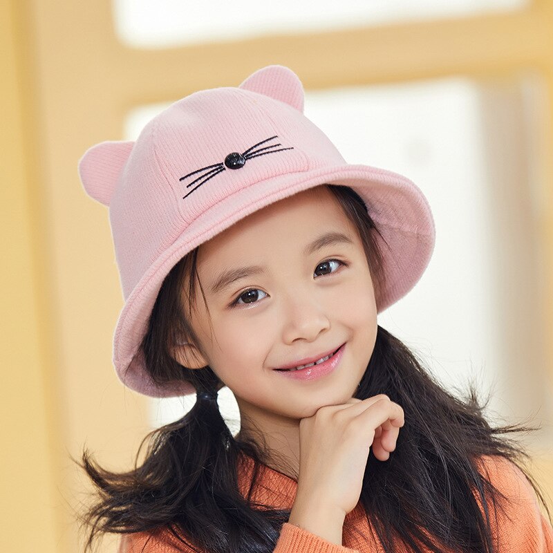 Winter Bucket Sun Hat Cute Outdoor Cat Ear Hats kid Thick Warm Caps Autumn: Pink