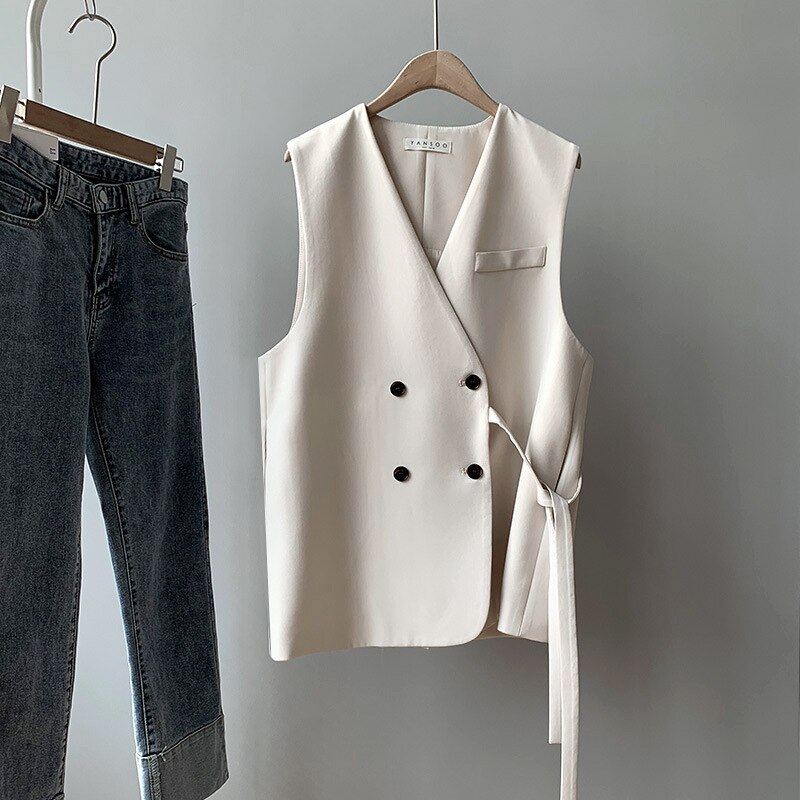 Bygouby ol dame dress vest vintage dobbelspent dame topper svart hvite jakker vår høst ermeløs vest: Aprikos  yx0258 / S