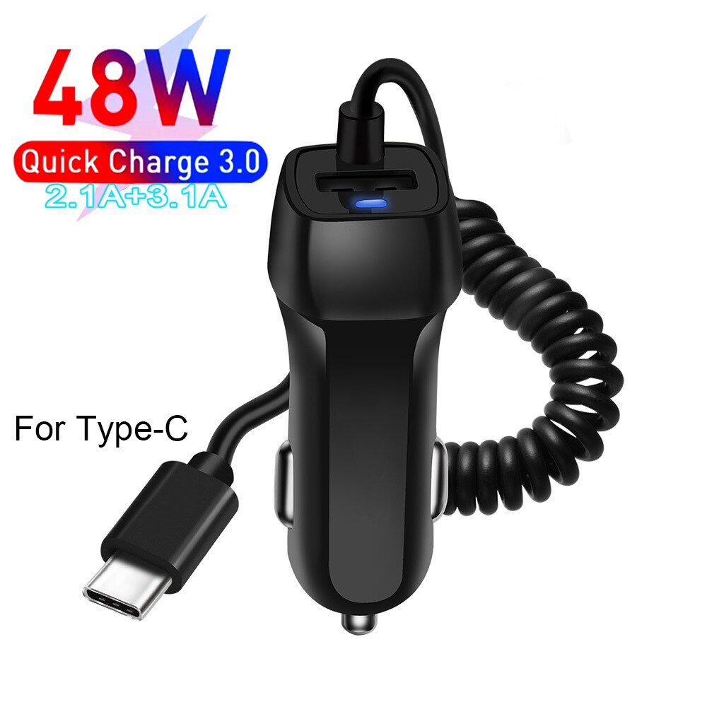 48W Usb Snelle Autolader Stretch Kabel Adapter Voor IPhone13 12 11 Pro Max Samsung Galaxy Note20 Android Type-C Auto-oplader: Black TC