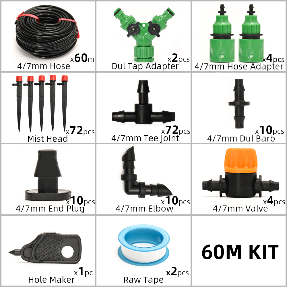 60M 4/7Mm Hose Drip Irrigation System Simple Watering Set Spike Drippers For Irrigation Plant Watering System: 60M KIT SIMPLE