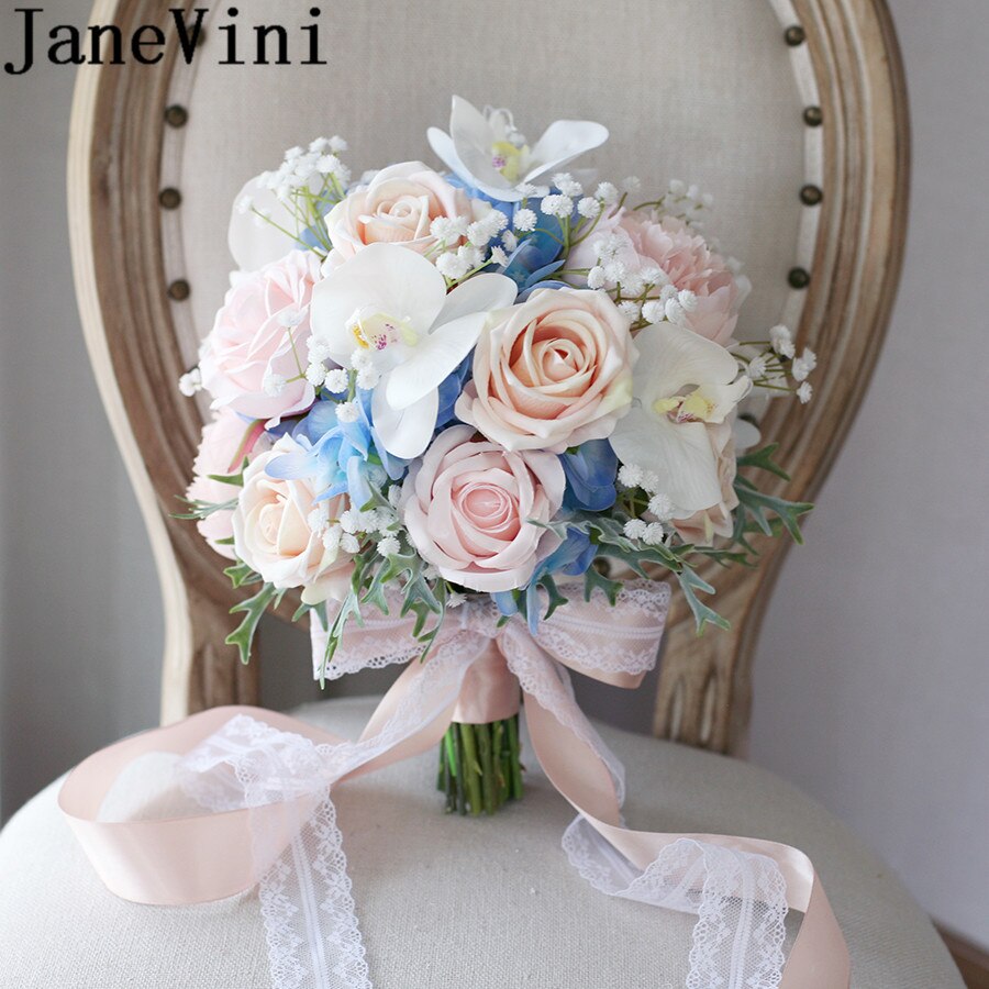 JaneVini Kunstmatige Orchidee Bruidsboeket Champagne Roze Rose Bloemen Broche Blauwe Hortensia Bruidsboeketten Fleur Mariage