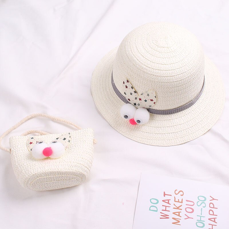 Zomer Baby Bloem Ademend Strohoed Met Handtas Tassen Kids Hoed Jongen Meisjes Zonneklep Uv-bescherming Panama Hoed gorras: 2-beige white
