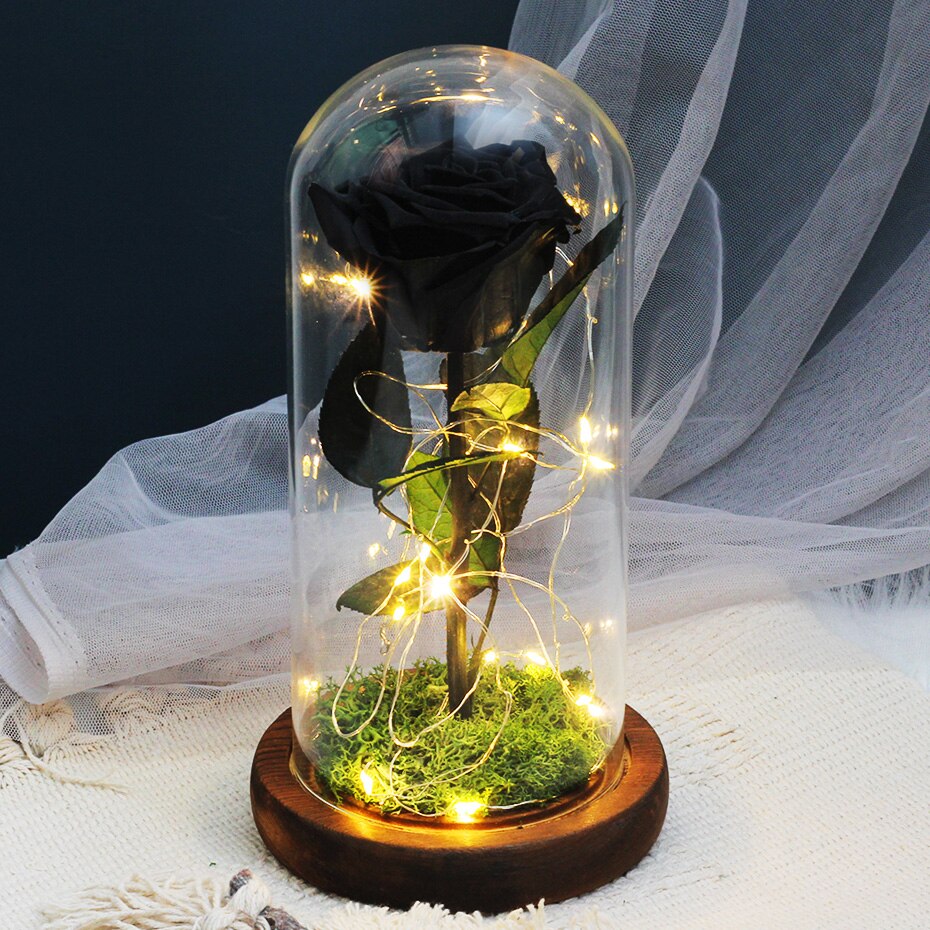 Torkade blommor konserverade rosor i glasskåpa med nattljus ornament bröllop alla hjärtans dag jul år heminredning: Svart med ljus